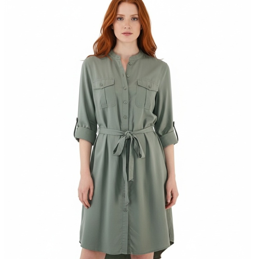 UNTUCKit Olivia Dress Womens 10 Khaki Button Front Belted Lyocell Shirt Dress